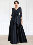 Carleigh A-Line V-neck Floor-Length Satin Lace Mother of the Bride Dress With Sequins Bow(s) Pockets STK126P0014820