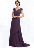 Vicky A-Line V-neck Sweep Train Chiffon Lace Mother of the Bride Dress With Ruffle Beading STK126P0014824