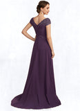 Vicky A-Line V-neck Sweep Train Chiffon Lace Mother of the Bride Dress With Ruffle Beading STK126P0014824