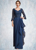 Kenna A-Line V-neck Floor-Length Chiffon Lace Mother of the Bride Dress With Sequins Cascading Ruffles STK126P0014825