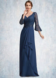 Kenna A-Line V-neck Floor-Length Chiffon Lace Mother of the Bride Dress With Sequins Cascading Ruffles STK126P0014825