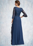 Kenna A-Line V-neck Floor-Length Chiffon Lace Mother of the Bride Dress With Sequins Cascading Ruffles STK126P0014825