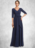 Sadie A-Line V-neck Floor-Length Stretch Crepe Mother of the Bride Dress With Bow(s) STK126P0014831