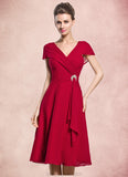 Eleanor A-Line V-neck Knee-Length Chiffon Mother of the Bride Dress With Beading Sequins Cascading Ruffles STK126P0014835