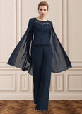 Jaliyah Jumpsuit/Pantsuit Scoop Neck Floor-Length Chiffon Lace Mother of the Bride Dress With Beading STK126P0014836