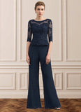 Jaliyah Jumpsuit/Pantsuit Scoop Neck Floor-Length Chiffon Lace Mother of the Bride Dress With Beading STK126P0014836