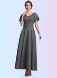 Savannah A-Line V-neck Ankle-Length Chiffon Lace Mother of the Bride Dress With Sequins STK126P0014838