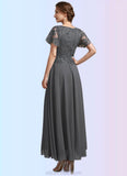 Savannah A-Line V-neck Ankle-Length Chiffon Lace Mother of the Bride Dress With Sequins STK126P0014838