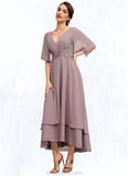 Chloe A-Line V-neck Asymmetrical Chiffon Mother of the Bride Dress With Ruffle Lace Beading STK126P0014839