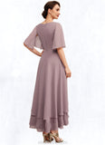 Chloe A-Line V-neck Asymmetrical Chiffon Mother of the Bride Dress With Ruffle Lace Beading STK126P0014839