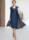 Emilia Sheath/Column V-neck Knee-Length Chiffon Mother of the Bride Dress With Ruffle Beading Sequins STK126P0014847