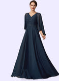 Genesis A-Line V-neck Floor-Length Chiffon Lace Mother of the Bride Dress With Beading Sequins STK126P0014849