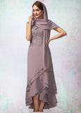 Giuliana A-Line Scoop Neck Asymmetrical Chiffon Lace Mother of the Bride Dress With Cascading Ruffles STK126P0014850