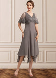 Jaylen A-Line V-neck Tea-Length Chiffon Lace Mother of the Bride Dress With Beading Sequins STK126P0014852