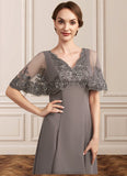 Jaylen A-Line V-neck Tea-Length Chiffon Lace Mother of the Bride Dress With Beading Sequins STK126P0014852