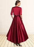 Dulce A-Line Scoop Neck Asymmetrical Satin Lace Mother of the Bride Dress With Ruffle Sequins Pockets STK126P0014853