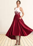 Dulce A-Line Scoop Neck Asymmetrical Satin Lace Mother of the Bride Dress With Ruffle Sequins Pockets STK126P0014853