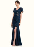 Callie Sheath/Column V-neck Floor-Length Chiffon Mother of the Bride Dress With Beading Split Front Cascading Ruffles STK126P0014868