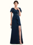 Callie Sheath/Column V-neck Floor-Length Chiffon Mother of the Bride Dress With Beading Split Front Cascading Ruffles STK126P0014868