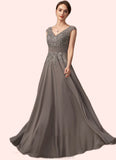 Carly A-Line V-neck Floor-Length Chiffon Lace Mother of the Bride Dress With Ruffle Sequins STK126P0014870