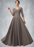 Gabriella A-Line V-neck Floor-Length Chiffon Lace Mother of the Bride Dress With Beading Sequins STK126P0014876