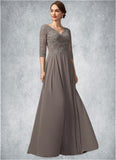 Gabriella A-Line V-neck Floor-Length Chiffon Lace Mother of the Bride Dress With Beading Sequins STK126P0014876