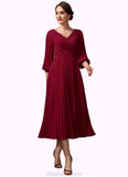 Sofia A-Line V-neck Tea-Length Chiffon Mother of the Bride Dress With Pleated STK126P0014878