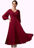 Sofia A-Line V-neck Tea-Length Chiffon Mother of the Bride Dress With Pleated STK126P0014878