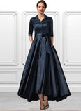 Madelyn A-Line V-neck Asymmetrical Satin Mother of the Bride Dress With Bow(s) Pockets STK126P0014879