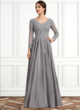 Josephine A-Line V-neck Floor-Length Chiffon Lace Mother of the Bride Dress STK126P0014881