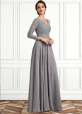 Josephine A-Line V-neck Floor-Length Chiffon Lace Mother of the Bride Dress STK126P0014881