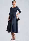 Quintina A-Line V-neck Tea-Length Satin Mother of the Bride Dress With Ruffle STK126P0014883