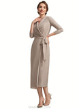 Melany Sheath/Column V-neck Tea-Length Chiffon Mother of the Bride Dress With Bow(s) STK126P0014891