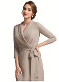 Melany Sheath/Column V-neck Tea-Length Chiffon Mother of the Bride Dress With Bow(s) STK126P0014891