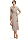 Melany Sheath/Column V-neck Tea-Length Chiffon Mother of the Bride Dress With Bow(s) STK126P0014891