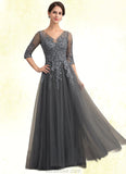 Reese A-Line V-neck Floor-Length Tulle Lace Mother of the Bride Dress With Beading Sequins STK126P0014895