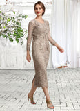 Madelynn Sheath/Column Scoop Neck Tea-Length Lace Mother of the Bride Dress With Sequins STK126P0014898