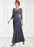 Marcie A-Line V-neck Ankle-Length Chiffon Lace Mother of the Bride Dress STK126P0014899