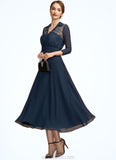 Olga A-Line V-neck Tea-Length Chiffon Lace Mother of the Bride Dress STK126P0014905