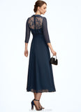 Olga A-Line V-neck Tea-Length Chiffon Lace Mother of the Bride Dress STK126P0014905