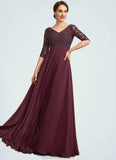 Chana Empire V-neck Floor-Length Chiffon Mother of the Bride Dress With Beading STK126P0014906