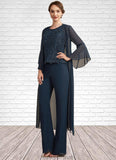 Jean Jumpsuit/Pantsuit Scoop Neck Floor-Length Chiffon Lace Mother of the Bride Dress With Beading Sequins STK126P0014910