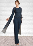 Jean Jumpsuit/Pantsuit Scoop Neck Floor-Length Chiffon Lace Mother of the Bride Dress With Beading Sequins STK126P0014910