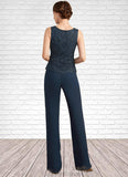 Jean Jumpsuit/Pantsuit Scoop Neck Floor-Length Chiffon Lace Mother of the Bride Dress With Beading Sequins STK126P0014910