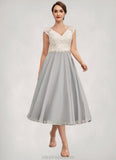 Regan A-Line V-neck Tea-Length Chiffon Lace Mother of the Bride Dress With Beading STK126P0014919