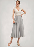 Regan A-Line V-neck Tea-Length Chiffon Lace Mother of the Bride Dress With Beading STK126P0014919