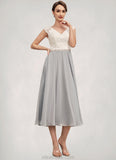 Regan A-Line V-neck Tea-Length Chiffon Lace Mother of the Bride Dress With Beading STK126P0014919