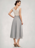 Regan A-Line V-neck Tea-Length Chiffon Lace Mother of the Bride Dress With Beading STK126P0014919