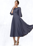 Paisley A-Line Scoop Neck Tea-Length Chiffon Mother of the Bride Dress With Cascading Ruffles STK126P0014920