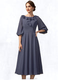 Paisley A-Line Scoop Neck Tea-Length Chiffon Mother of the Bride Dress With Cascading Ruffles STK126P0014920